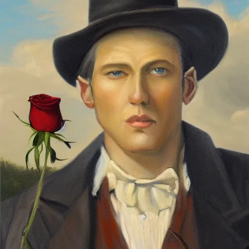 Prompt: a painting of a tall man with blue eyes that is wearing a wide brim hat and a leather vest. He has no facial hair. He is holding a revolver in his left hand and a rose is in his right hand. He is standing in a field of roses.