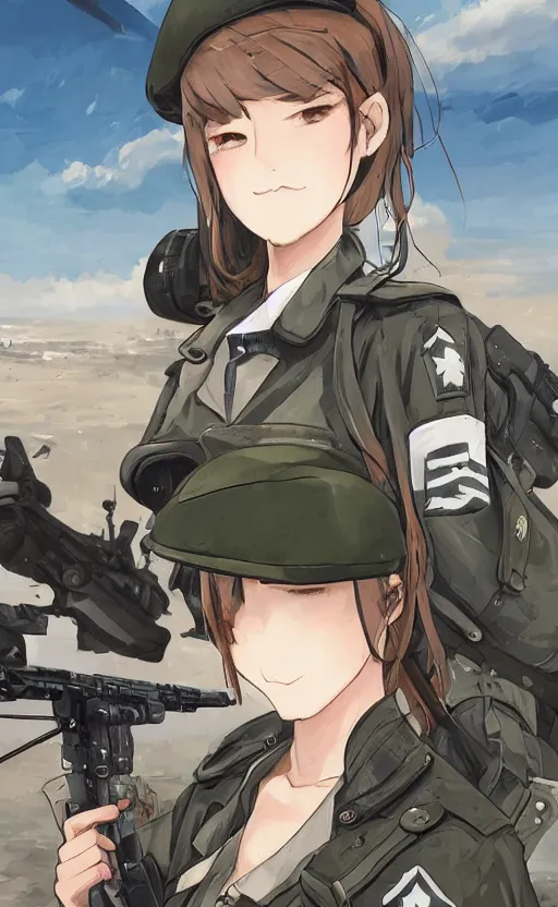 Prompt: portrait of a female soldier, highly detailed, high resolution, military camp in the background, the front of a modern trading card, illustration, character concept art, stunning, girls frontline style, by mangaka, matte, 100mm, by shibafu, by animation studio mappa, realistic human anatomy, realistic military carrier, modern warfare, realistic weapon, digitally draw on wacom tablet, low saturation, small eyes