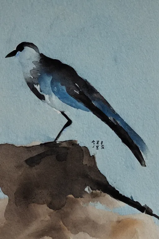 Image similar to ink painting, A small, delicate bird with pale blue plumage and long, skinny legs. It is hopping on the ground, searching for food. The background is a beautiful blue sky on a autumn day. meticulous painting, by xue ji, bian luan