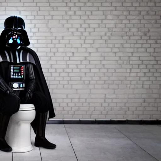 Image similar to Darth Vader sitting on the toilet reading a newspaper