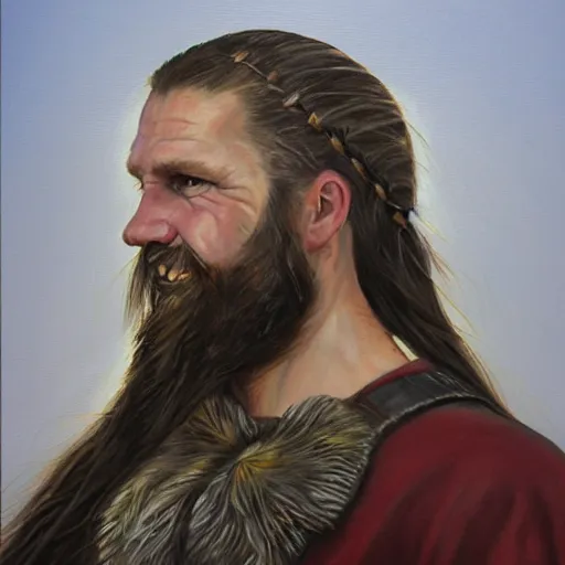 Prompt: oil painting of sean mcloughlin with a man bun as an irish viking in the style of steve argyle, fantasy painting