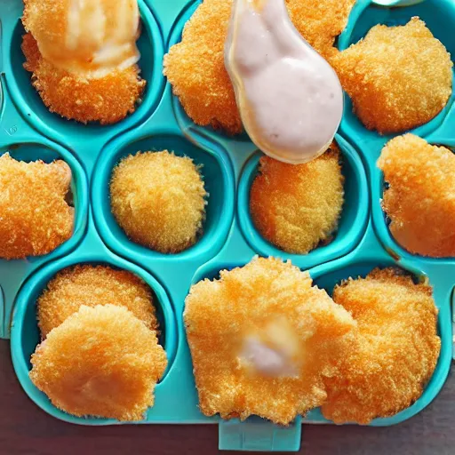 Image similar to chicken mcnugget buddies swimming in a dipping sauce cup