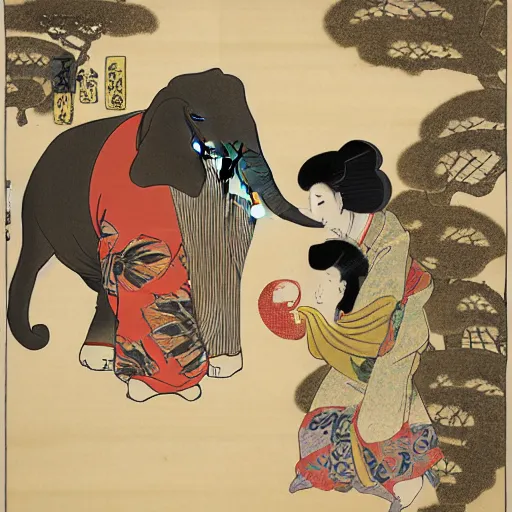Prompt: a man with a beard and a woman with short wavy hair feeding banana to a happy elephant, ukio-e style, highly detailed