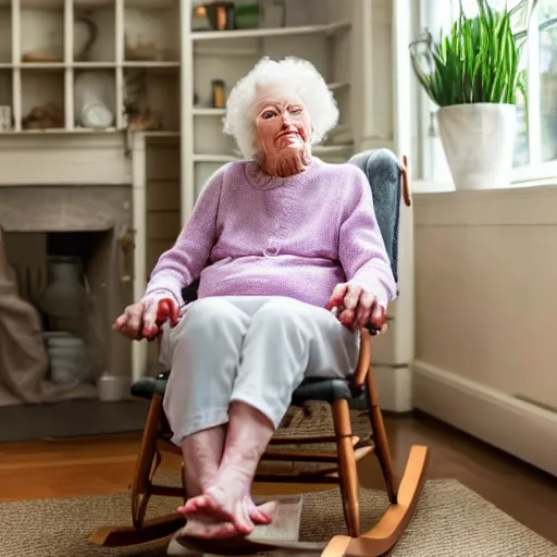 Image similar to very old white grandmother sitting in a rocking chair, grandmother is teasing her 3 year old baby granddaughter