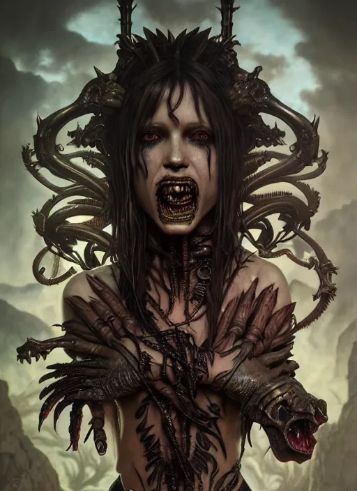 Image similar to ultra realistic, predator, fangs, goth, tattoos, leather, fantasy, flesh, bone, body horror, intricate details, eerie, highly detailed, octane render, 8 k, art by artgerm and alphonse mucha and greg rutkowski