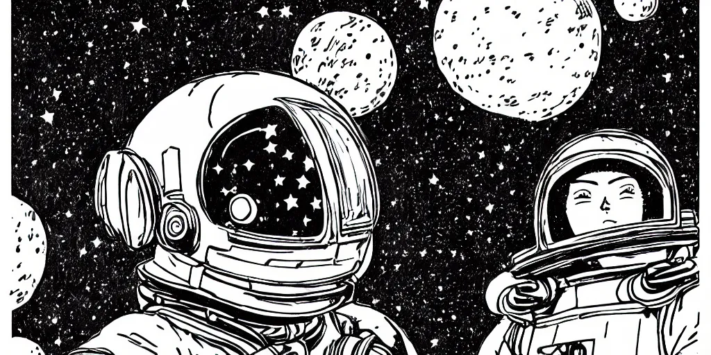 Image similar to manga portrait of a woman wearing a space helmet, akira toriyama, lineart, black and white, scifi, big clouds visible in the background, stars in the sky, high contrast, deep black tones