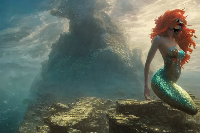 Prompt: a beautiful mermaid looking at the sunken city of Atlantic under water, ray of sunlight, Greg Rutkowski, Mohrbacher, volumetric lighting, octane render, 4K resolution, trending on artstation, masterpiece, vivid colours