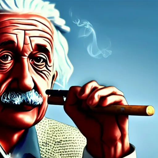 Image similar to albert einstein smoking a blunt, gta artstyle, wide shot, dramatic lighting, octane render, hyperrealistic, high quality, HD, cinematic