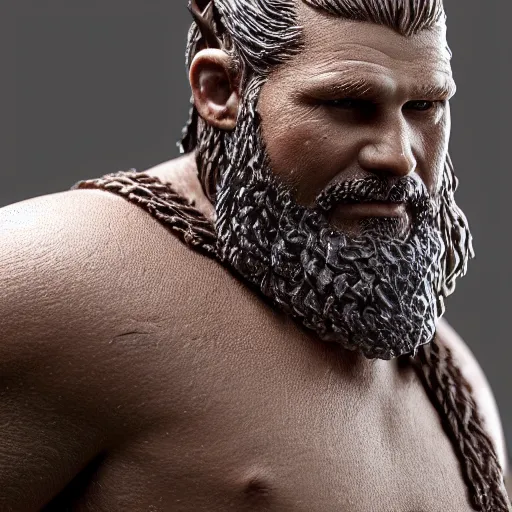 Image similar to of a 3d clay model of a viking from valhalla, ultra fine detail, hair strands, ultra high resolution, fine texture detail, miniature painting techniques, perfect proportions, marvel cinematic universe, eric bana