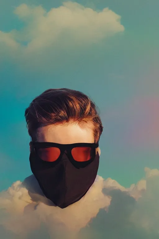 Prompt: high quality pastel coloured film photograph of a man wearing black street clothing and a mask with sunglasses resting on cloud furniture clouds in a haze filled dreamstate world. three point light, rainbow. photographic production. art directed. pastel colours. volumetric clouds. pastel gradient overlay. waves glitch artefacts. 8 k. filmic.