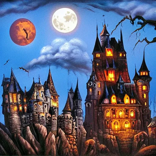 Image similar to dracula and castle full moon by Greg Craola Simkins , masterpiece