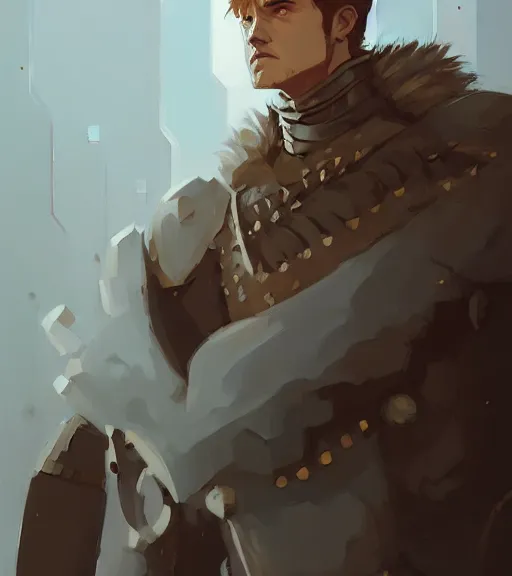 Image similar to portrait of a king ( game of thrones ) hard look, armor by atey ghailan, by greg rutkowski, by greg tocchini, by james gilleard, by joe fenton, by kaethe butcher, dynamic lighting, gradient light blue, brown, blonde cream and white color scheme, grunge aesthetic