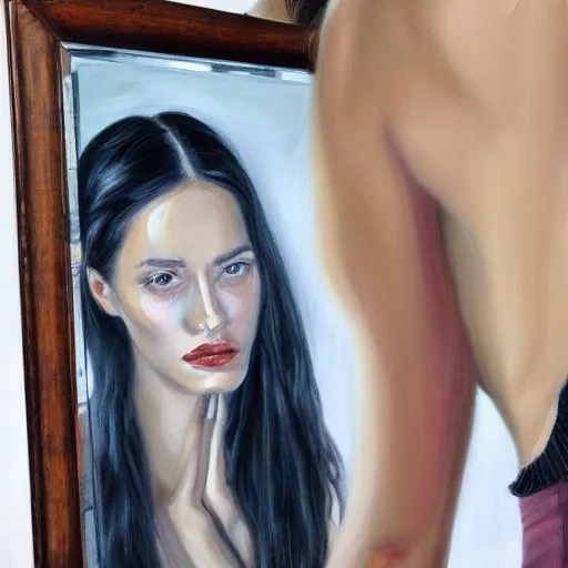 Image similar to fashion model in mirror, hyperrealism oil painting portrait