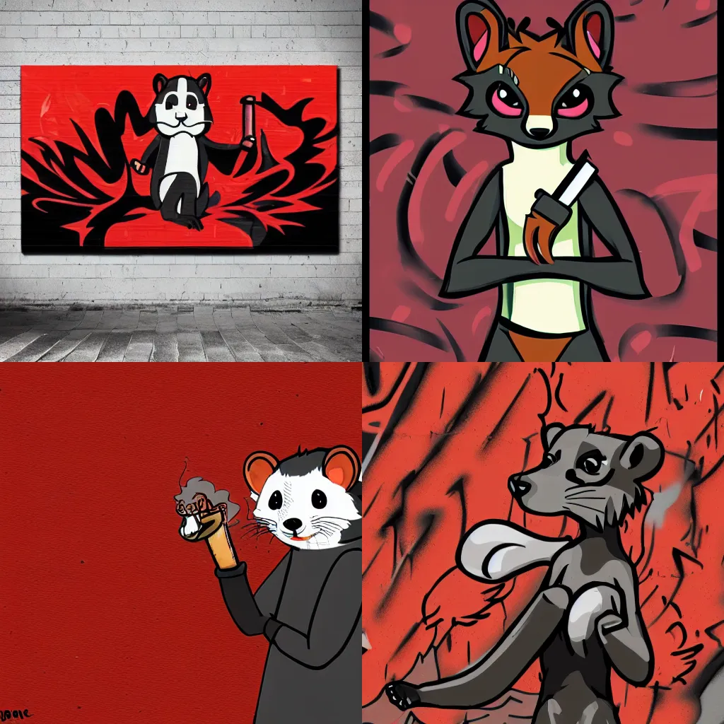 Prompt: furry _ fandom _ fursona ( red - and - black, weasel - ferret - stoat ), graffiti _ background ( smoke ), canvas ( favela _ wall )