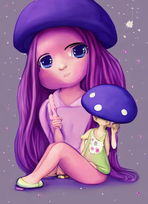 Prompt: a beautiful little girl wearing a mushroom hat sitting in her room petting a frog in her lap | | purple hair, pretty face, sharped details in celestial art style, trending on pixiv