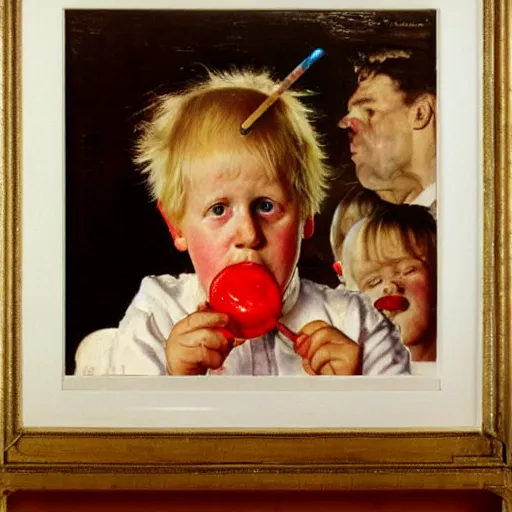 Image similar to Boris Johnson as a child eating a lollipop by Norman Rockwell