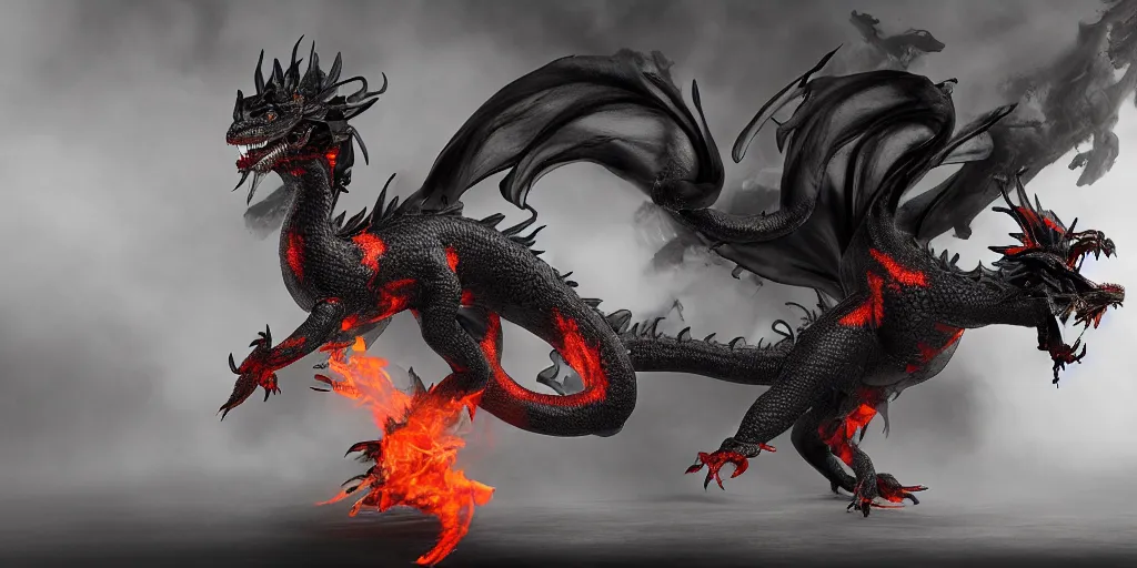 Prompt: a very very beautiful Chinese Fire Dragon on a black background, character design, Octane Render, 4k, photoreal, ultra-detailed