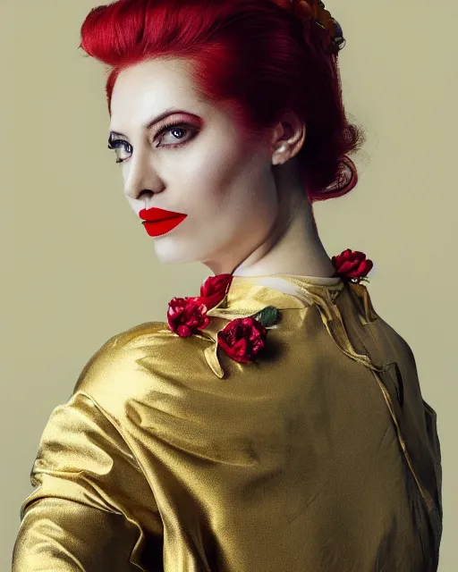 Image similar to Portrait of a European woman, close-up, high sharpness, zeiss lens, fashion photo shoot, peony flowers, red hair, red lipstick, in the background of gold, they have rhinestones on their face, Edward Buba, Annie Leibovitz, David Lazar, Jimmy Nelsson, Eiko Hosoe, artistic, hyper-realistic, beautiful face, octane rendering