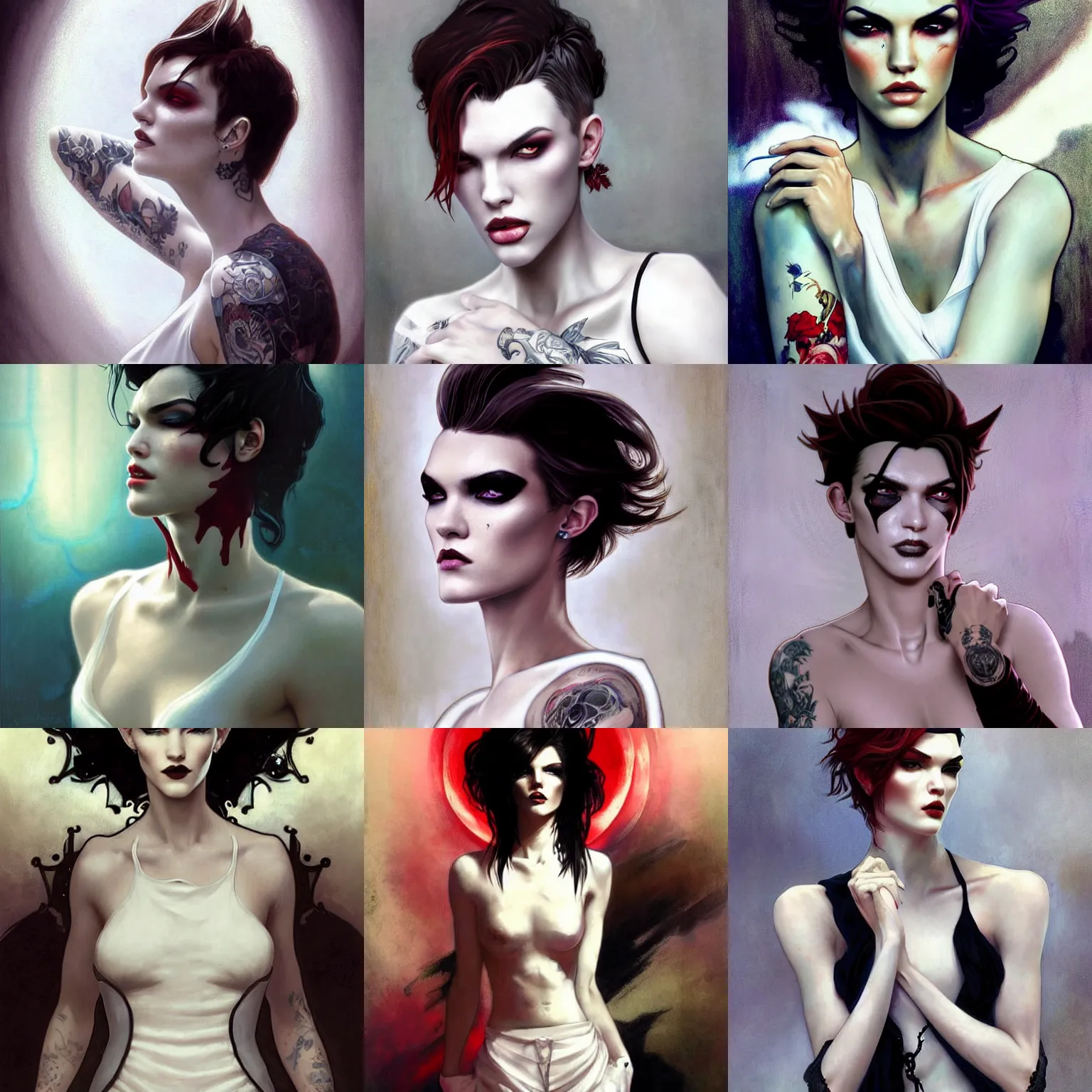 Prompt: beautiful portrait of androgynous ruby rose as desire from sandman in a white tuxedo!!!, rockabilly style, by cedric peyravernay, alphonse mucha, by jeremy mann, by lecouffe deharme, soft lightning, high detailed, 8 k