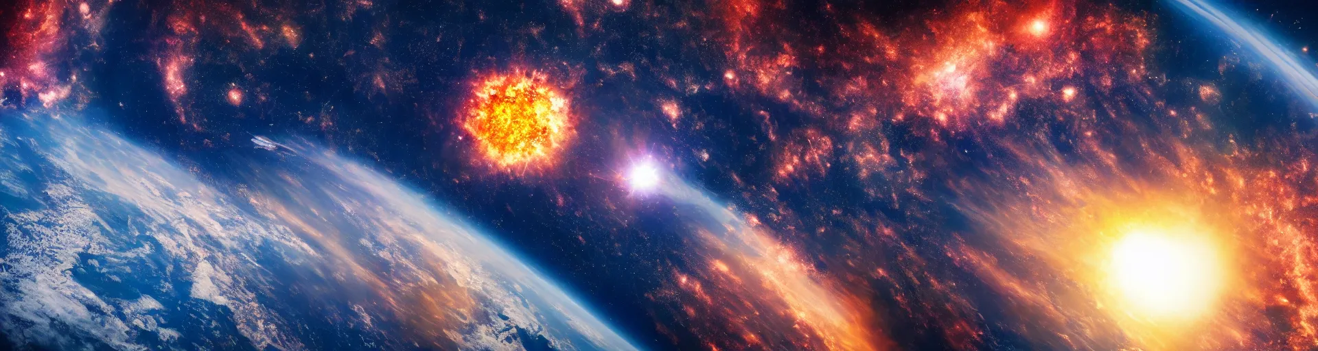 Image similar to Earth exploding seen from the reflect of an astronaut's suit in the space, realistic, detailed, colourful, dramatic, 8K