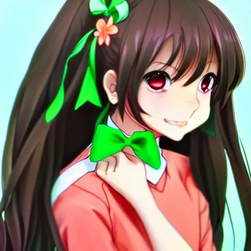 Prompt: beautiful anime high school girl, complete body view, coral brown hair, ponytail, white ribbon, green eyes, full perfect face, slightly smiling, detailed school background, drawn by Artgerm, Sasoura, Satchely, no distorsion