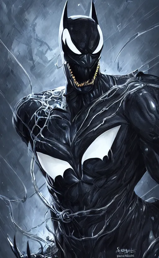 Image similar to venom as batman, dynamic lighting, photorealistic fantasy concept art, trending on art station, stunning visuals, terrifying, creative, cinematic