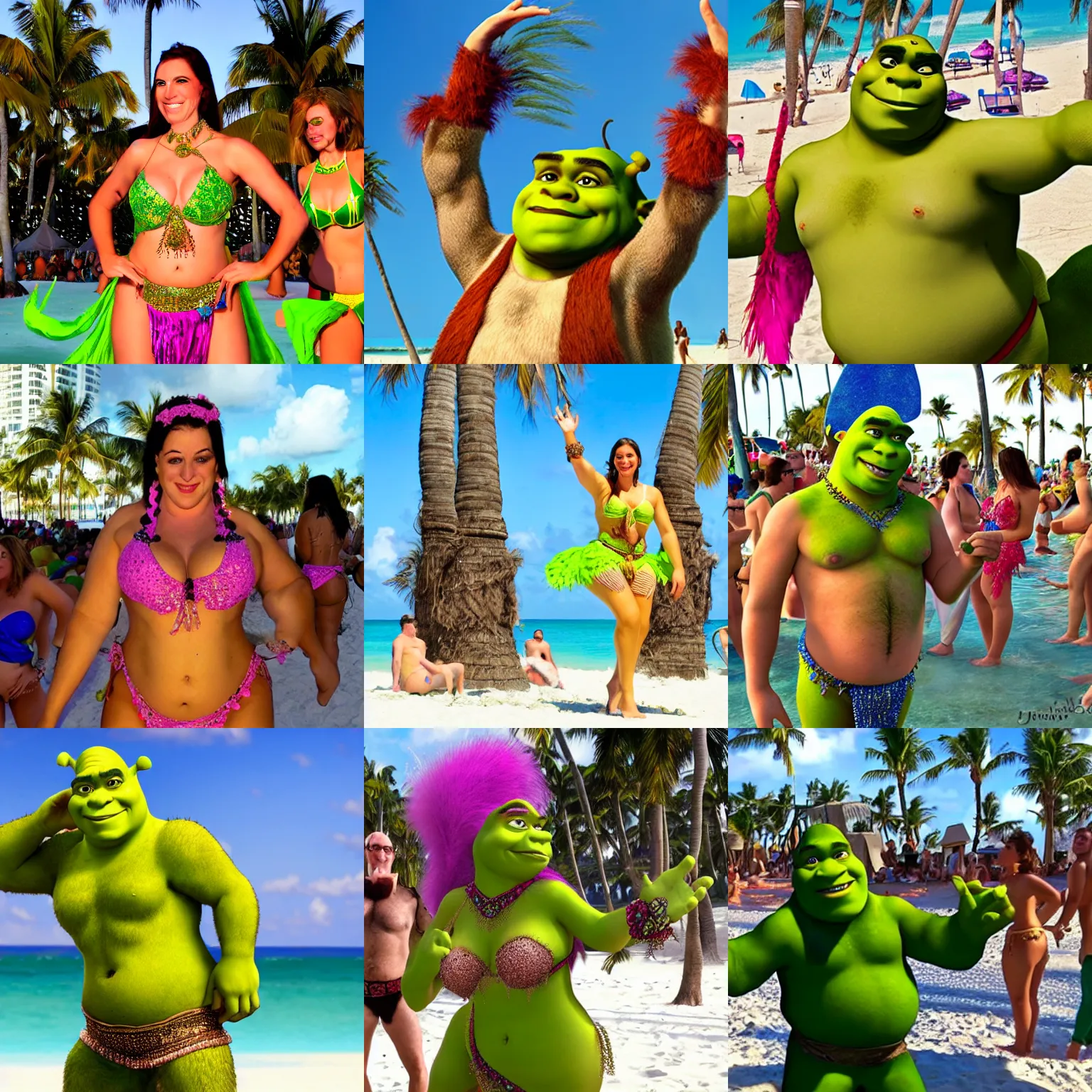 Prompt: Shrek in a bikini doing a belly dance on Miami Beach