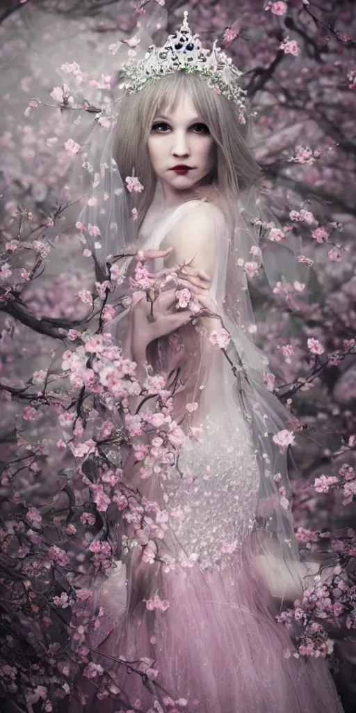 Prompt: A beautiful gothic princess, bride, queen, cherry blossom tree background, sakura tree background, lace veil, octopus haircut, wedding, shy girl, hyperrealism, full body portrait, crystals, all white dress with pink + volumetric lighting + ambient occlusion + rtx + detailed textures + micro details + post processing + photo realism + realistic + octane render, Unreal Engine, Highly Detailed, Dramatic Lighting, Beautiful