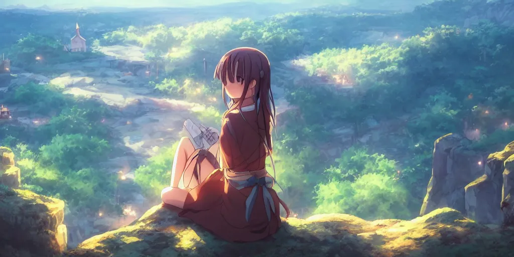 Image similar to isekai masterpiece anime girl sitting on a rock off to the side looking down upon swedish town, during dawn, cinematic, very warm colors, intense shadows, anime illustration, anime screenshot composite background