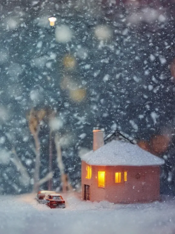 Prompt: small diorama a soviet residential building inside snow globe, lights are on in the windows, cozy atmosphere, fog, cold winter, snowing, streetlamps with orange volumetric light, birches nearby,