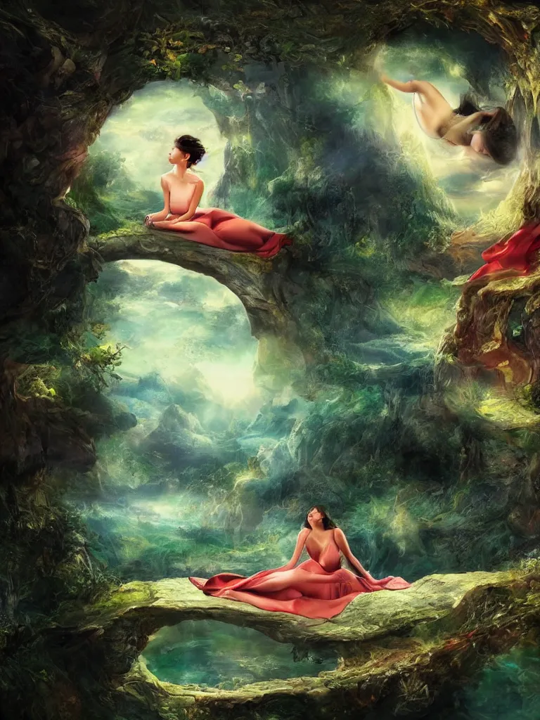 Image similar to a beautiful woman having a dream about a fantastical place, artistic composition