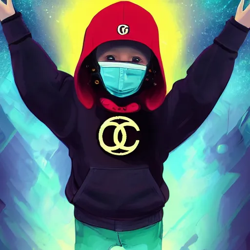 Image similar to baby Angel, baby cherub,wearing angel, face covered, Gucci, x logo, cross, Chanel, halo, ski mask, balaclava, face covered, wearing angel halo covered face, orange hoodie, hip hop, multiple golden necklaces, fantasy art apex fortnite Video game icon, 2d game art gta5 cover , official fanart behance hd artstation by Jesper Ejsing, by RHADS, Makoto Shinkai and Lois van baarle, ilya kuvshinov, rossdraws