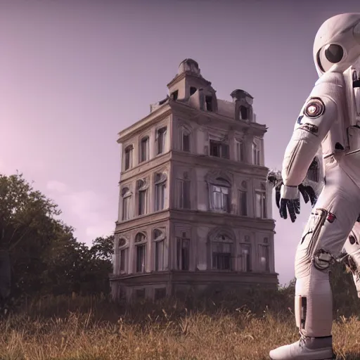 Prompt: humanoid in spacesuit, abandoned mansion on the background, hyper realistic render, cryengine render 8k, unreal engine