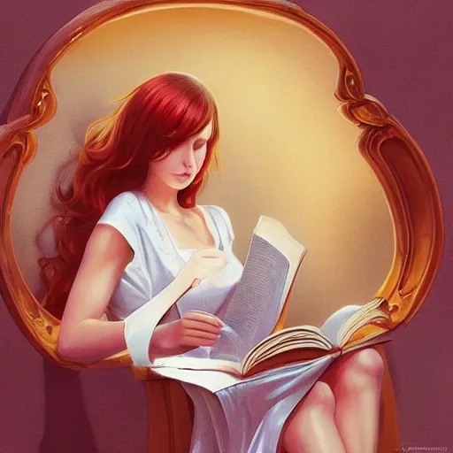 Prompt: a girl in nice dress reading a book, scared, highly detailed, digital painting, artstation, concept art, art by artgerm and Anna Dittmann and Greg Hildebrandt