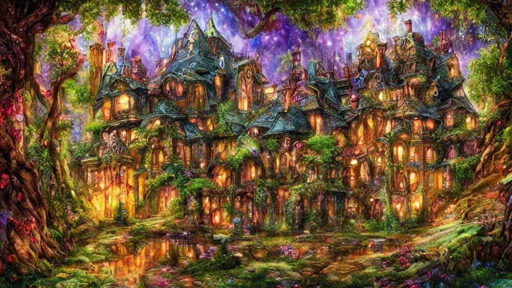 Prompt: Beautiful mansion in the woods” Beautiful Dreamscape, Digital art, concept art, detailed, lovely colors, Art station,3-D 4K, beautiful background, matte painting, Josephine wall,