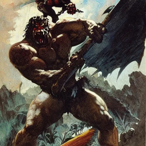 Image similar to Barbarian fighting monster by Frazetta