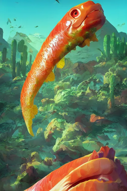 Image similar to 3 d render creature animal sushi cristal very big eye roots cactus elemental flush of force nature micro world fluo fishscale, comics gta 5 cover, official fanart behance hd artstation by jesper ejsing, by rhads, makoto shinkai and lois van baarle, ilya kuvshinov, ossdraws