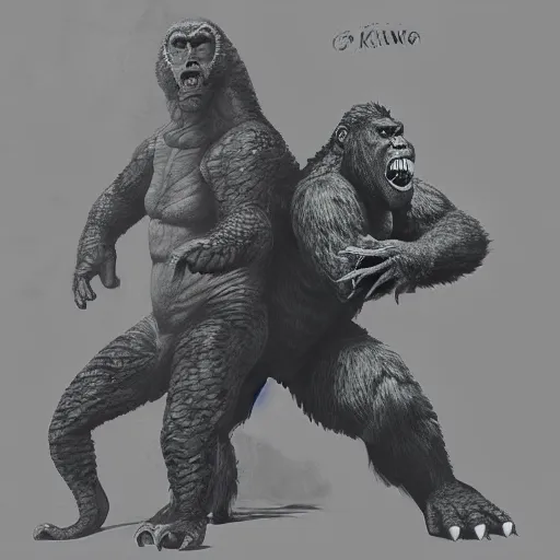 Image similar to a portrait of godzilla and king kong sitting down 1 8 a cup of tea digital concept art