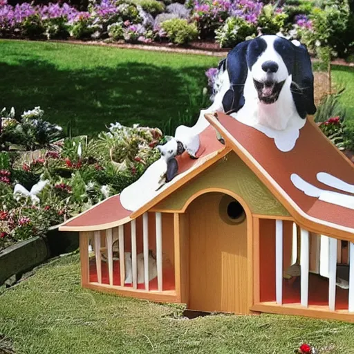 Image similar to dog house mansion for snoopy, immense scale, grand