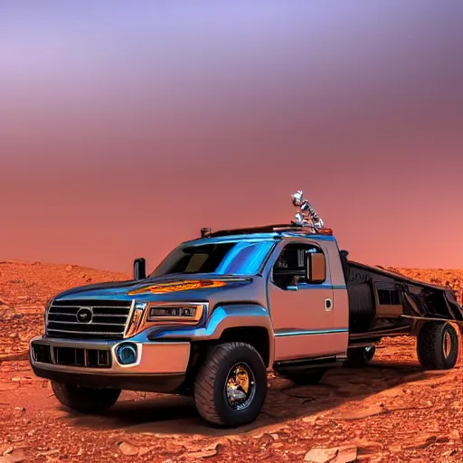 Prompt: 4 k hdr wide angle sony a 7 photo of a stainless steel shiny cybertruck surrounded by instagram model women on mars during a blue martian sunset