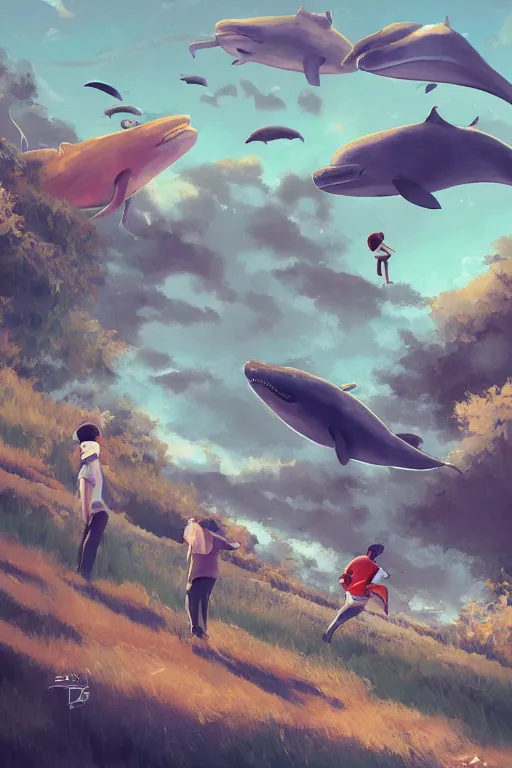 Image similar to people playing baseball while whales fly in the sky, digital art, artstation trending, digital painting