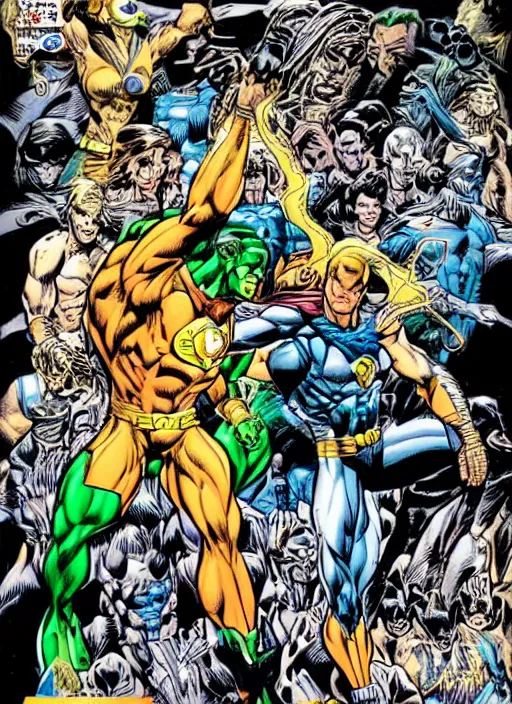 Image similar to 1 9 9 8 issue of jla cover depicting prometheus by ed mcguinness, masterpiece ink illustration,