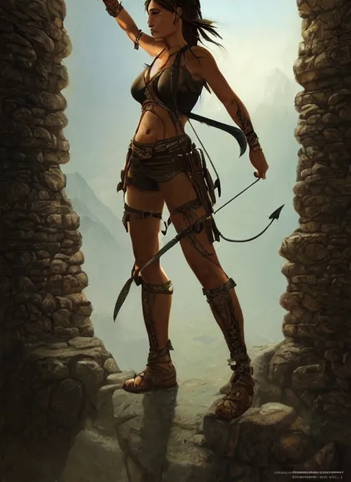 Prompt: Lara Croft as a beautiful warrior woman, intricate, elegant, highly detailed, centered, digital painting, artstation, concept art, smooth, sharp focus, illustration, Boris Villejo, Julie Bell, Rowena Morrill, Patrick Jones, Keith Parkinson, Brom, Donato, Stephen Hickman, Don Maitz, Greg Hildebrandt