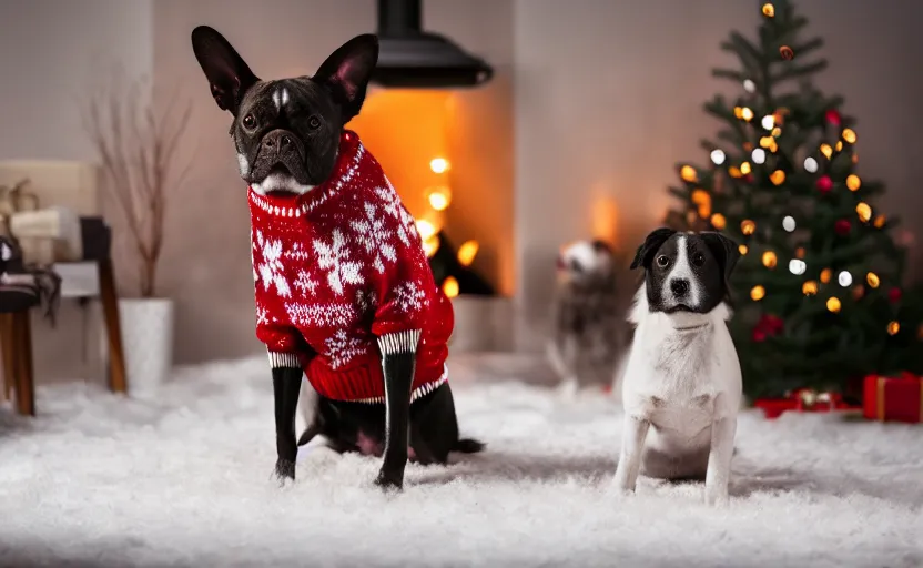 Prompt: ultra detailed studio photography of a dog wearing a woolen christmas sweater with a fireplace background, detailed face, cinematic lighting, 8 k