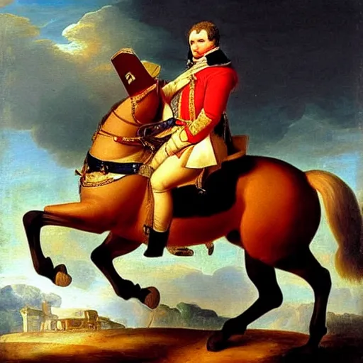Prompt: A baroque oil painting of Napoleon Bonaparte on his horse. Realistic.