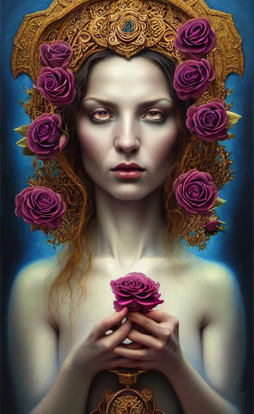 Prompt: portrait of a beautiful rose goddess, unusual beauty, esoteric, outher worldly colours, head in focus, fantasy art, ornamental rose blue aesthetics,, intricate, elegant, highly detailed hyperrealistic painting, artstation, concept art, painterly, golden ratio, sharp focus, illustration, art by tomasz alen kopera