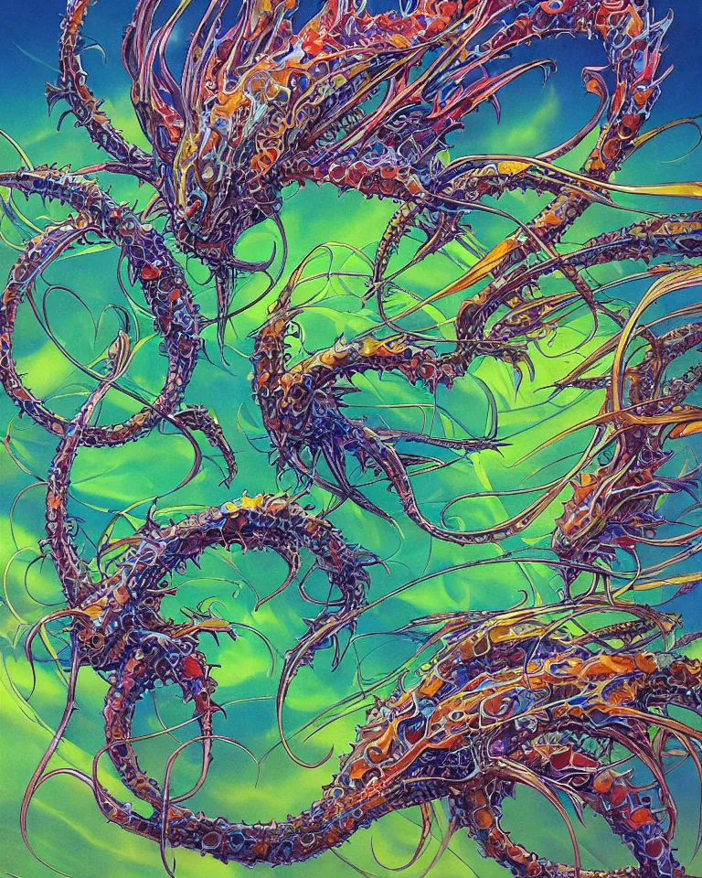 Prompt: concept art portrait of an intricately designed alien leafy sea dragon, an award winning yoshitaka amano poster. a masterpiece by james gurney. vivid color.
