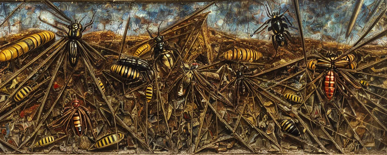 Image similar to strange giant insects, beetles, spiders, wasps, bees, maggots, locusts and flies, in a museum display case, oil painting by max ernst and anselm kiefer, decay, mixed media, textured, sharp focus, highly detailed, photographic emulsion cracked and peeling, rust, cinematic lighting, 8 k, hd