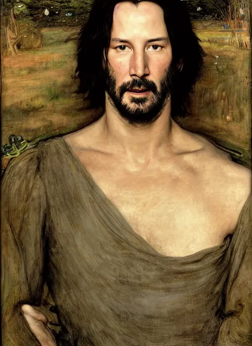 Image similar to a beautiful painting of keanu reeves by John Everett Millais and Dante Gabriel Rossetti and John Collier and john william waterhouse, pre-raphaelite, detailed, trending on artstation, hd, masterpiece