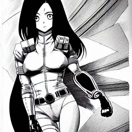 Image similar to alita by yukito kishiro. medium shot. black and white manga. pencil drawing.